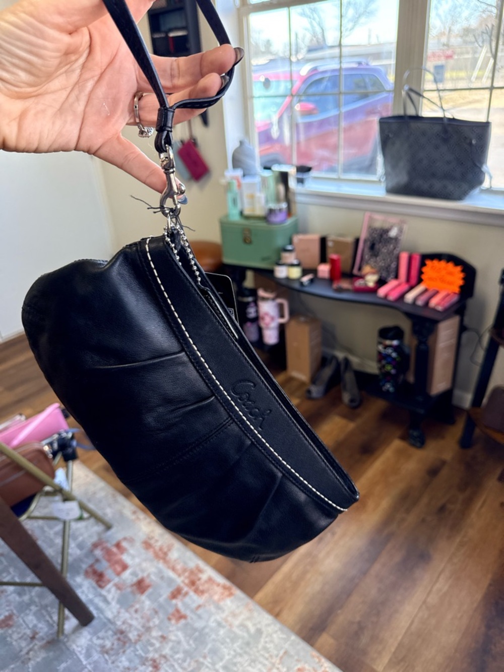 Coach Black Leather Wristlet with White Stitching